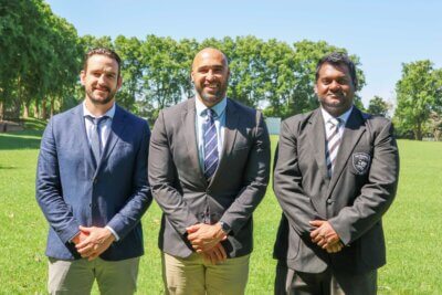 Keegan Daniel, former Sharks' captain, Springbok and Kearsney College's new Director of Rugby; Waylon Murray, former Springbok and Director of Sport at Kearsney; with Divesh Sookdeo, Director of the 2024 Kearsney Easter Rugby Festival.