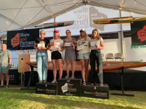 Holly Smith stands atop the podium as the 2023 overall junior girls' champion of the Shaw and Partners WA Race Week.