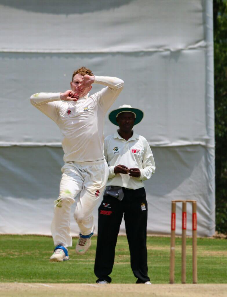 Jeppe's Luke Cannon on his way to a 5-wicket haul.
