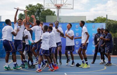 Northwood's Knights celebrate being crowned the champions after a brilliant performance in the 2024 final of the St John's Basketball Tournament.