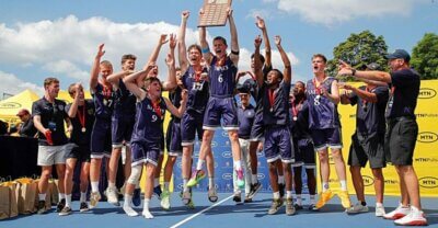 St Charles College celebrates winning the 2023 St John's Basketball Tournament u19 title after a 40-36 victory over St David's Marist Inanda in the final.