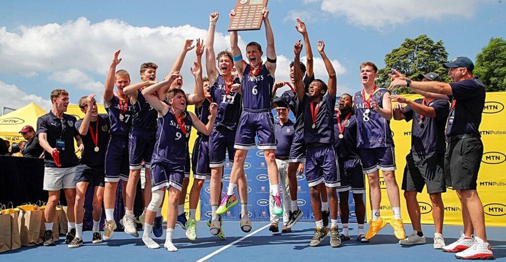 St Charles College celebrates winning the 2023 St John's Basketball Tournament after a 40-36 victory over St David's Marist Inanda in the final.