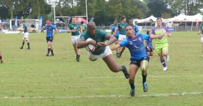 Glenwood's captain and SA Schools' prop, Lithemba Mfupi, dives over for a try in the Green Machine's stunning 57-8 victory over Worcester Gimnasium on the final day of the 2023 Kearsney Easter Rugby Festival.