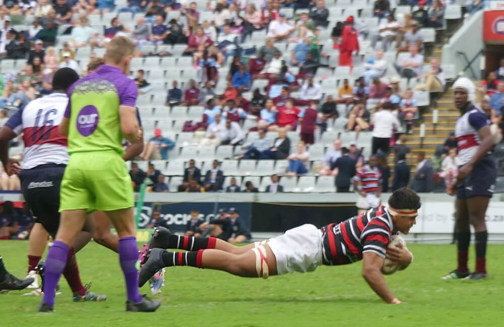 Flank Naz Isaacs sliced through a gap untouched for a second half try for Maritzburg College against Westville Boys' High. Photo: Brad Morgan.
