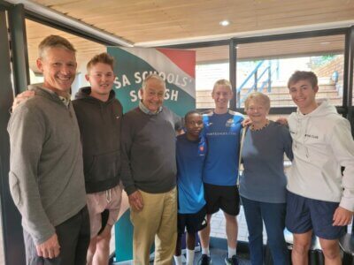 Three generations of the Barrow family, who sponsored St John's College magnificent squash complex, were on hand to take in Saturday's action, and were joined by some of the top u19 competitors. Left to right: Paul Barrow, Alex Barrow and Douglas Barrow, Semano Mohapi, Devon Osborne, Mrs Barrow, and Luhann Groenewald.