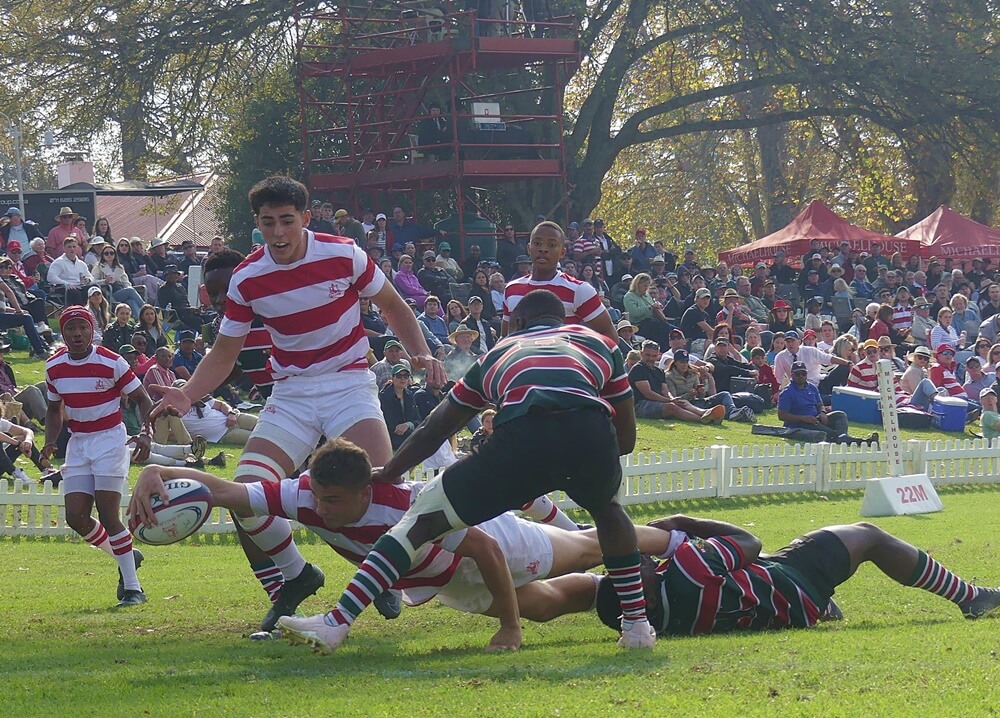 Riley Gehren stretches out to score Michaelhouse's first try in their seven-point win over Pretoria Boys High. Photo: Brad Morgan.