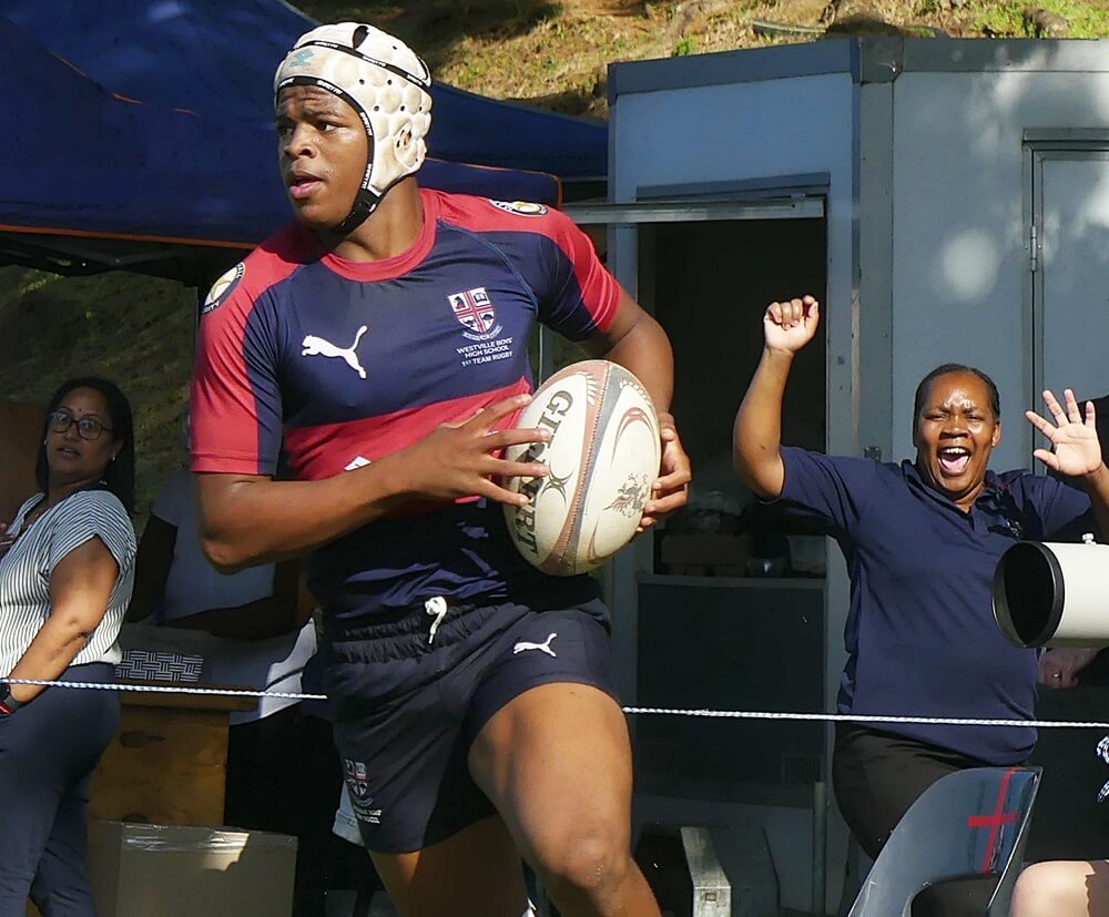 Westville fullback Zekhethelo Siyiya crossed for two superb tries in his side's 14-point win over Hilton College on 25 May 2024. Photo: Brad Morgan.
