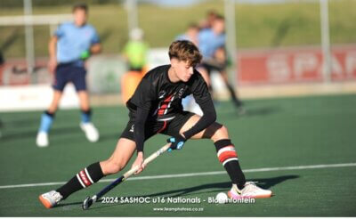 Eastern Province's Logan Goddard-Ford in possession of the ball during his team's 4-1 win against Northern Gauteng on day three of the u16 SASHOC National Week in Bloemfontein. Photo credits: TeamPhotoSA