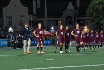PRG's Director of Hockey, Michael Baker alongside Sendzul, Christo Swanepoel, Joshua Smit, and Louan van Zyl during the showdowns in the Hibbert Shield Final in Gqeberha. Photo credits: Igshaan Manuel (Ighalo Media)