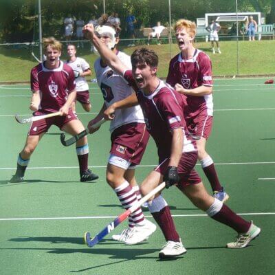 Matthew Mendes de Oliveira rejoices after scoring a last-minute equaliser for Kearsney College against Paul Roos at the Founders Festival, 25 March 2024.