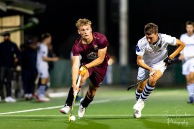 PRG skipper, Reuben Sendzul in a tussle with SACS' Jo Le Roux in their encounter at the Maties Astroturf on Wednesday, 24 July 2024. Photo: Janco Saunders