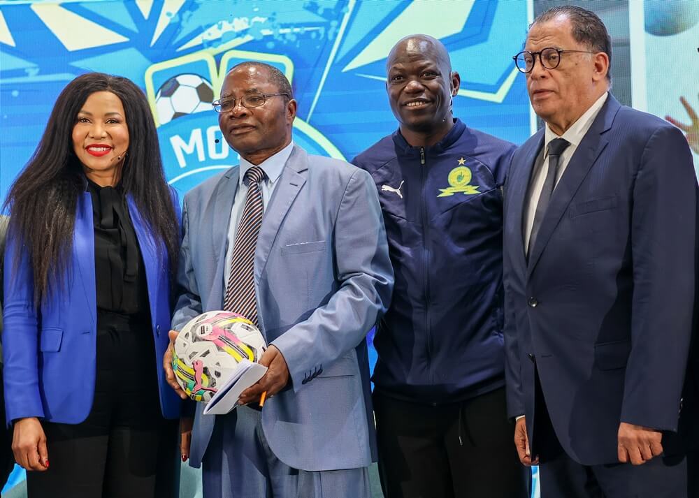 Dr Motsepe-Moloi, David Mufamadi of Benny's Care Sports Academy, Hlompho Kekana and SA Football Association President Dr Danny Jordaan at the launch of the Kay Motsepe Schools Championship.