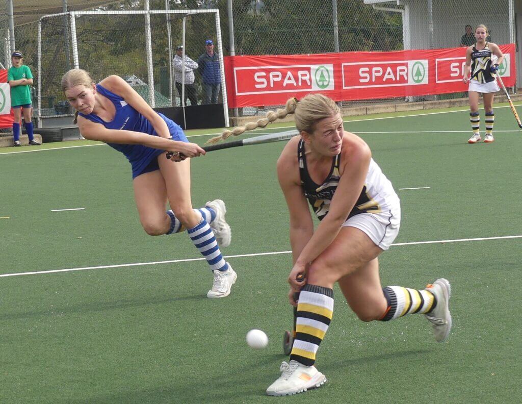 St Mary's DSG captain Georgia Pollock smashes a shot towards the St John's DSG goal in the SPAR KZN Schools Hockey Challenge Grand Final title-decider. Photo: Brad Morgan.