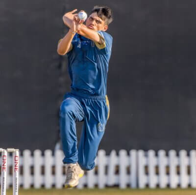 Rowen Rajah returned from a CSA u17 camp in Pretoria to lead the St Charles bowling attack against the KZN Tuskers Combined Hub XI. Photo: Justin Waldman Sports Photography.
