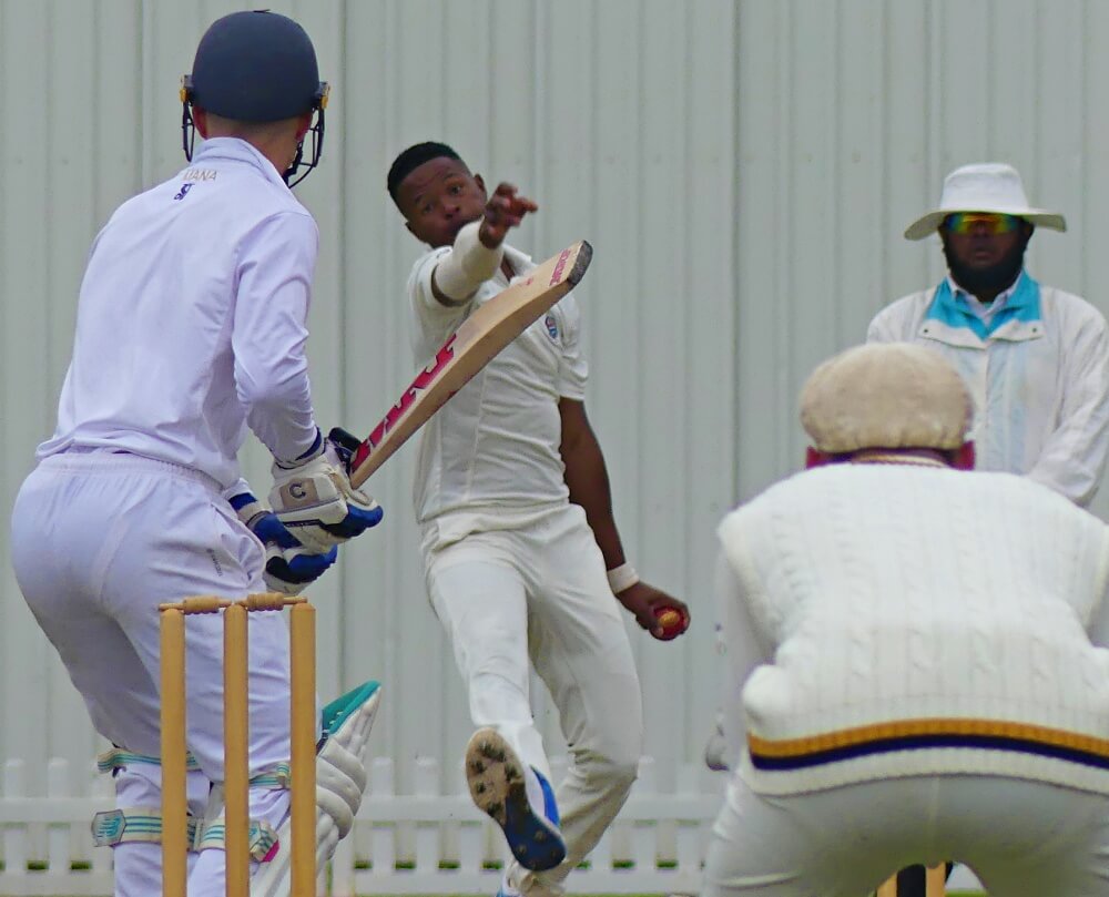 Grey College opening bowler Sicelo Matayi bowls to Connor Riley in their Oppenheimer Michaelmas Cricket Week game at St Charles College on 22 September. Photo: Brad Morgan.