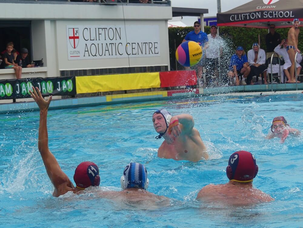 The Attacker of the Tournament, Nicholas Fall of SACS, fires a shot at the St John's goal in the final of the Clifton Centenary Water Polo Tournament. Photo: Brad Morgan.