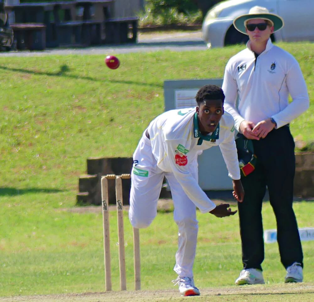 Glenwood and SA Schools' opening bowler Ntando Soni in action against Clifton College on 12 October 2024. Photo: Brad Morgan.