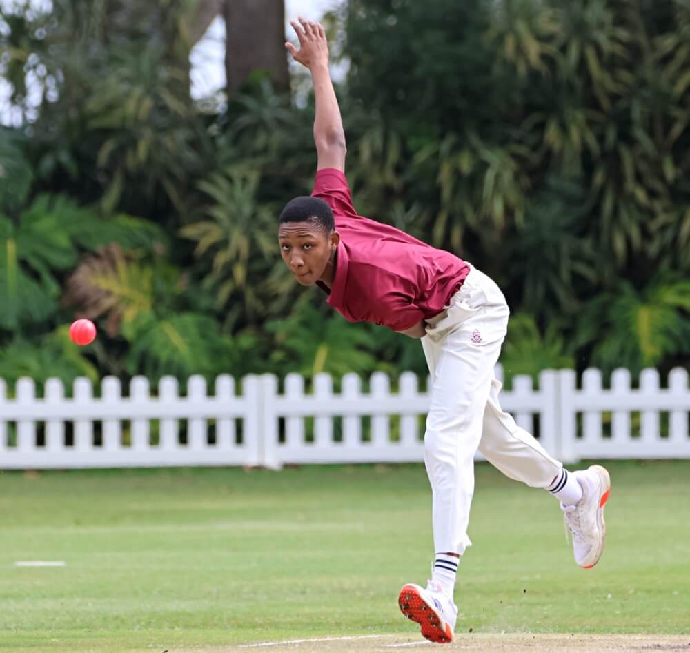 Kearsney College opening bowler Litha Gonya in action against Westville Boys' High in their SchoolsSA20 clash with Westville Boys' High on the AH Smith Oval. Photo: Hannah Shirley.