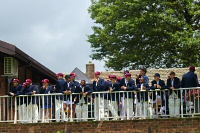 While at tea, the Kearsney College u15A team, who played alongside Asher Hollister in the u14A team in 2024, were all on hand to support their former teammate as he put together a sparkling innings against DHS. Photo: Brad Morgan.