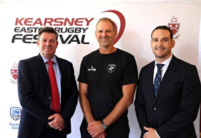 Headmaster Patrick Lees, Sharks' coach John Plumtree, and Kearsney College Director of Rugby, Keegan Daniel, at the launch of the 2025 Kearsney Easter Rugby Festival in Botha's Hill. Photo: Hannah Shirley.