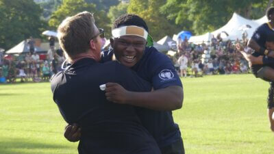 In 2024, after trailing 6-18 at the break, DHS fought back to score a 21-18 victory over Maritzburg College on Goldstone's, much to the delight of SA Schools' hooker Mahle Sithole. Photo: Brad Morgan.