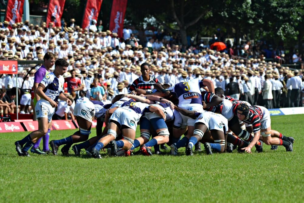 Maritzburg College boys watch on from Basher Ridge as the Red, Black, and White pack down against Northwood's Knights. Photo: Maritzburg College on Facebook.
