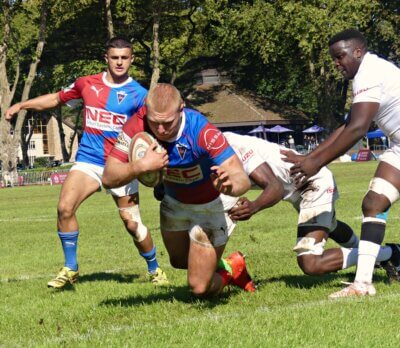 Captain Eden Calitz crashes over for Framesby's second try against Peterhouse at the Standard Bank Kearsney Easter Rugby Festival. Photo: Brad Morgan.