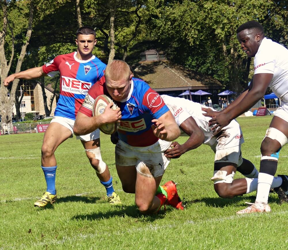 Captain Eden Calitz crashes over for Framesby's second try against Peterhouse at the Standard Bank Kearsney Easter Rugby Festival. Photo: Brad Morgan.