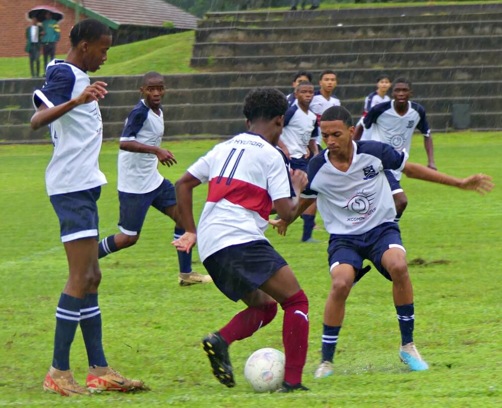 Westville Boys' High opened their league campaign with a 1-0 win over Bechet in the rain. In round three, they beat previously undefeated Hillcrest High 3-0. Photo: Brad Morgan.