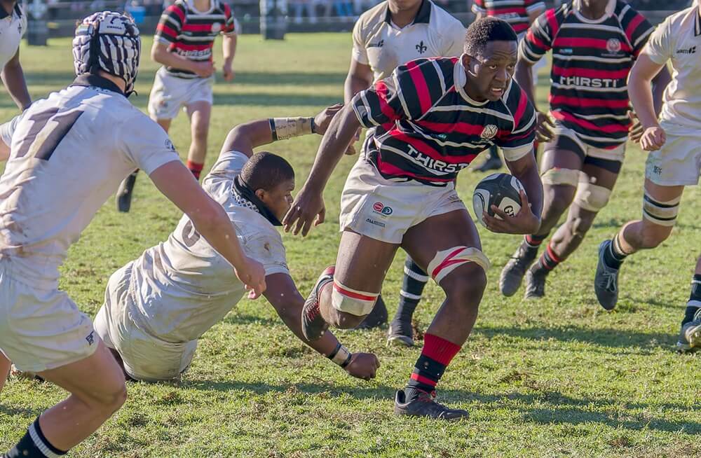 Cyril Cherayi was a star performer for Maritzburg College, setting up one try and scoring the other in College's narrow win over Hilton College. Photo: Justin Waldman Sports Photography on Facebook.