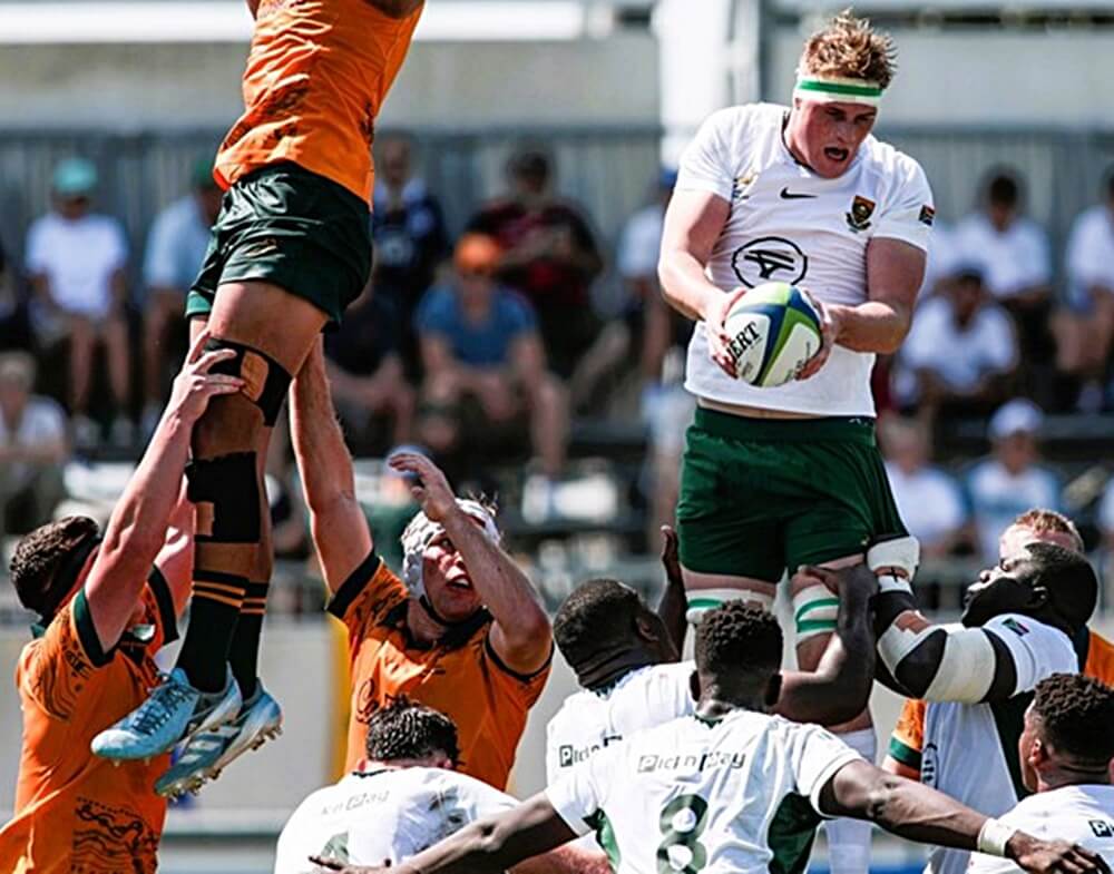Unusually, clad in white, the Junior Springboks made a spectacular start to their challenge at the u20 Rugby World Championships. Photo: SA Rugby.