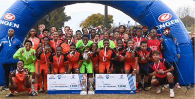 The smiles of champions! Engen Knockout Challenge Gauteng winners, Panorama FC and the University of Johannesburg. Photo: Engen Knockout Challenge.