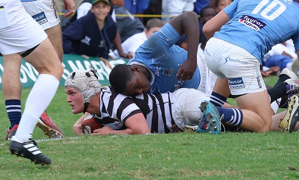 Selborne College Head Boy and 1st XV hooker, Liam Hansen, dotted down twice as Selborne beat Grey High by 13 points in East London. Photo: Selborne College on Facebook.