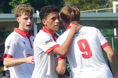 Dan Holliday (left) struck twice against Glenwood, captain Ryde Brisset scored once, and no, 9, Dan Rea, set up Holliday for one of his goals. Photo: Brad Morgan.