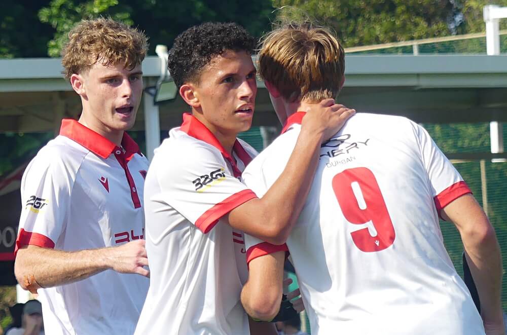Dan Holliday (left) struck twice against Glenwood, captain Ryde Brisset scored once, and no, 9, Dan Rea, set up Holliday for one of his goals. Photo: Brad Morgan.