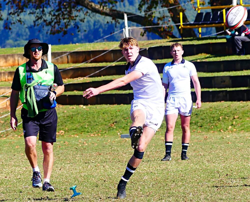 Hilton College's fullback, James Peattie, delivered a thrilling performance against Pretoria Boys High, scoring a try and landing a penalty kick from beyond the halfway line. Photo: Brad Morgan.