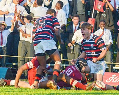 Matthew Harris lets out a roar of delight. He scored two tries in Maritzburg College's hard-fought two-point win over Kearsney College. Photo: Maritzburg College on Facebook.