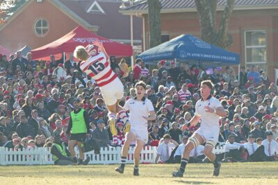 Michaelhouse fullback Reece Cole was tested by an aerial bombardment from Hilton, but he stood firm. Photo: Brad Morgan.