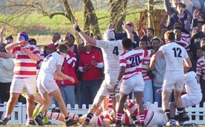 Some Hilton players had their arms in the air, thinking they had scored in the last movement of the game. Michaelhouse captain, Nicolas Salamousas, indicated the ball had been held up to the referee, who agreed, and victory went to Michaelhouse. Photo: Brad Morgan.