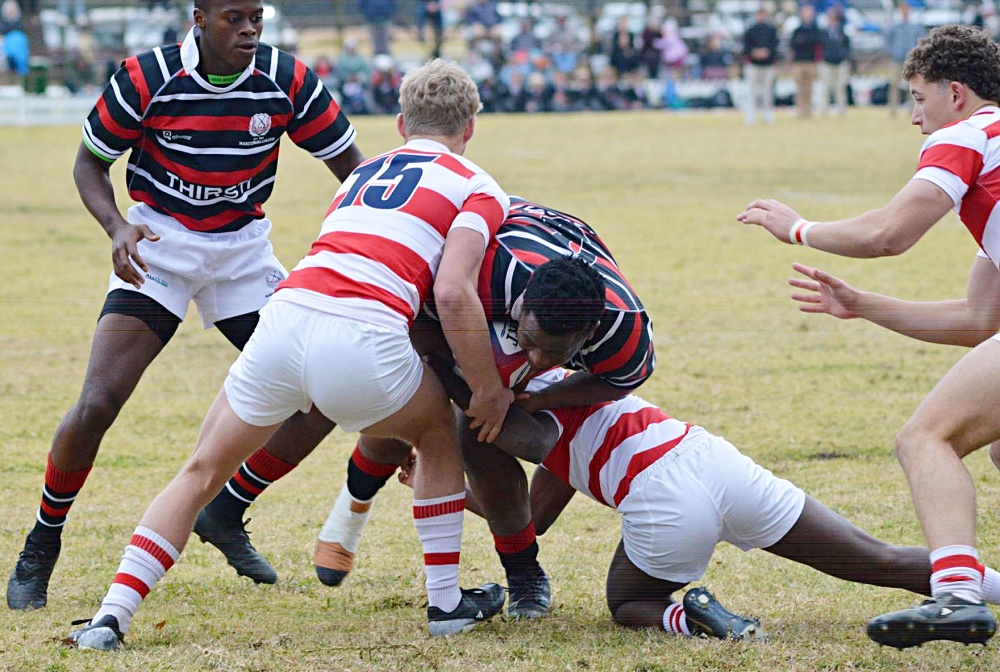 Michaelhouse's stout, committed defence and a stubborn siege of Maritzburg College's try line late in the game brought 'House a hard-fought 24-17 win. Photo: Maritzburg College on Facebook.