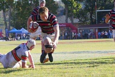 Maritzburg College flank, David Colenbrander, rode a tackle to break through and score a late consolation try for Maritzburg College. Photo: Brad Morgan. 