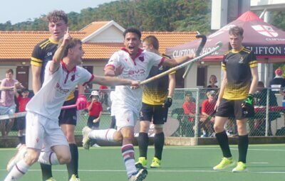 Ryde Brisset celebrates with his teammate, Dan Holliday, during Clifton College's 8-0 win over St David's Marist Inanda in May. Photo: Brad Morgan.