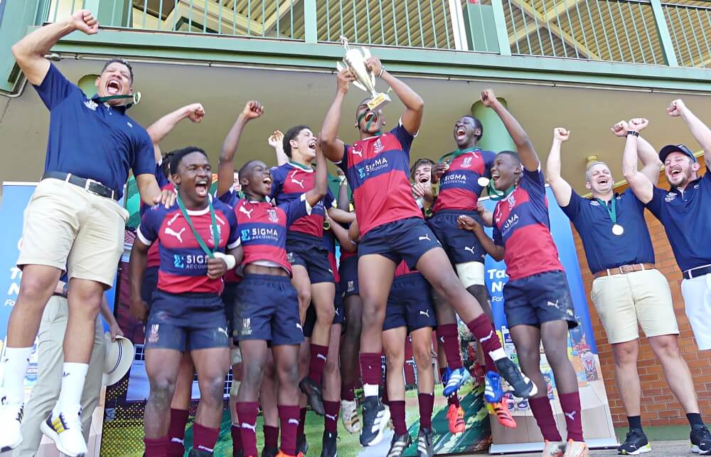 Westville Boys' High, the 2025 national champion, scraped a tight two-point win over Durban High School (DHS) in the U17 final of the opening round of the Clover High School Sevens Series at Glenwood High on Saturday, 15 August. Photo: Brad Morgan.