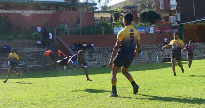 Westville's winning try against DHS was finished off with an extravagant dive. Photo: Brad Morgan.
