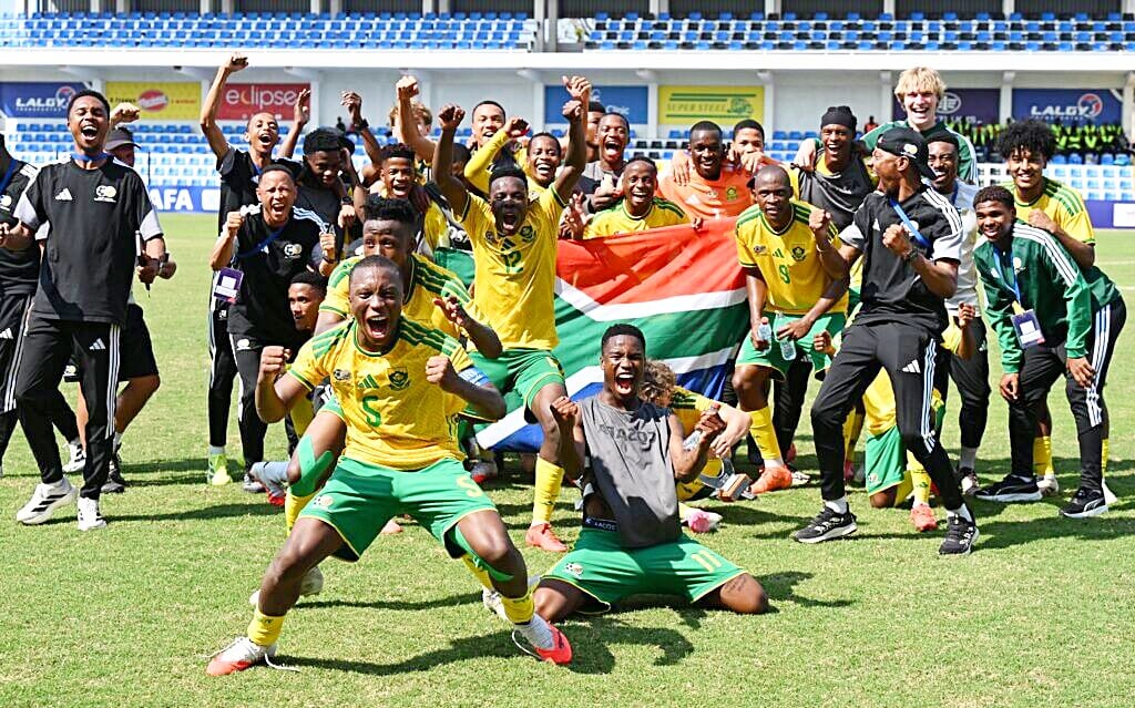 Amajita celebrates following their victory over Zambia in the semifinals of the U20 Cosafa Championship. Photo: Cosafa.