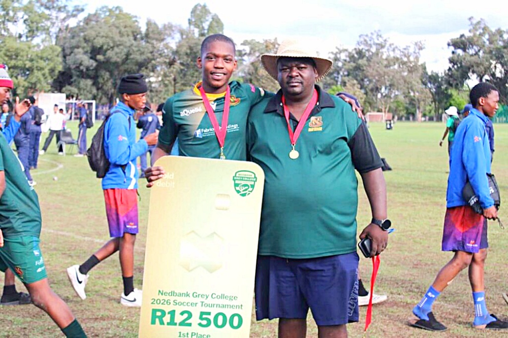 Jude Mavana (left) with Khaya Mngwengwe (right) the Director of Soccer at Glenwood, captured moments after the winning the Nedbank Grey College Soccer Tournament on Sunday. Photo: Supplied.